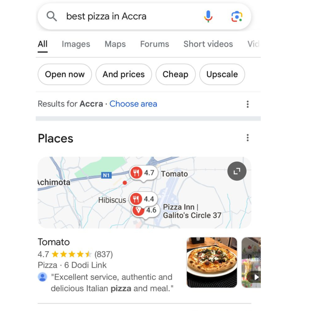 Tomato restaurant in Accra ranking #1 on Google search results thanks to effective SEO strategies