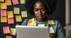 Ghanaian entrepreneur overwhelmed by social media marketing challenges.