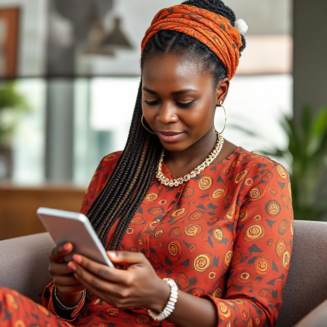Ghana business owner analyzing digital marketing results on mobile phone, comparing social media and website analytics.