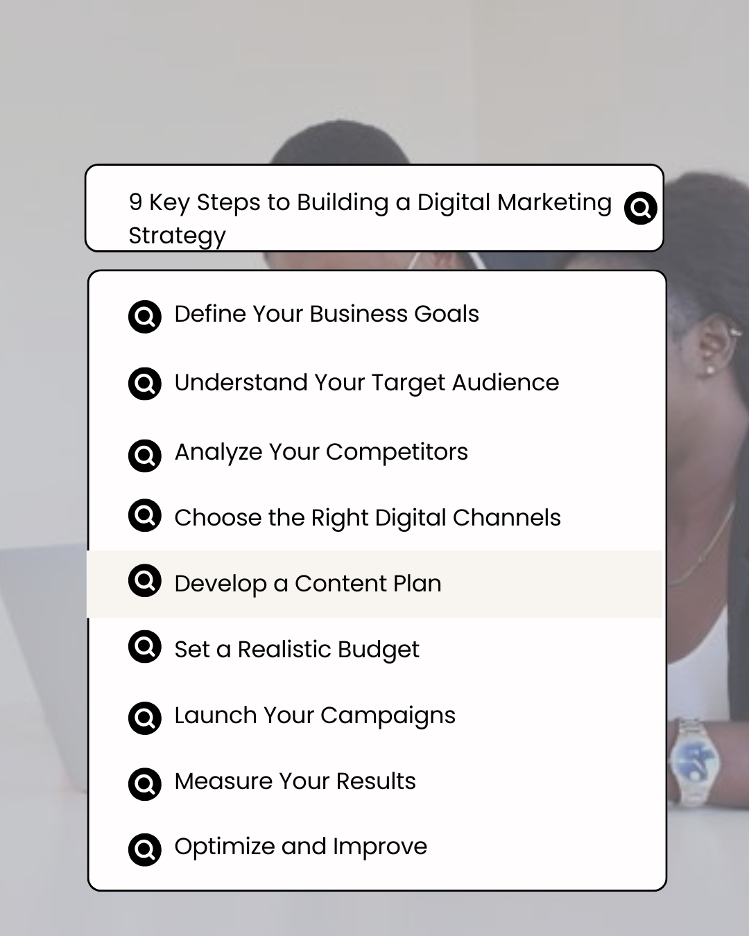Infographic outlining 9 steps to building a digital marketing strategy for Ghanaian businesses