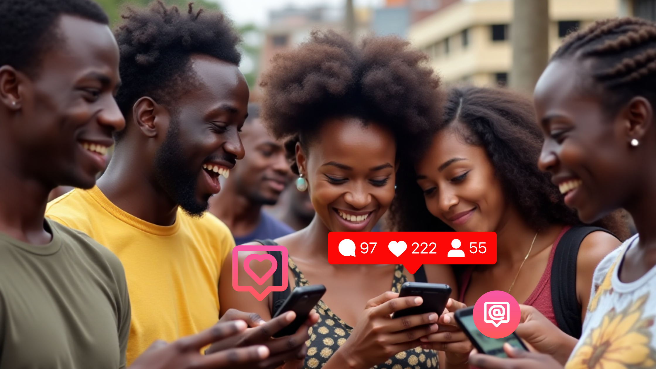 Engaged Ghanaians connecting on Instagram in Accra, showcasing the platform's popularity