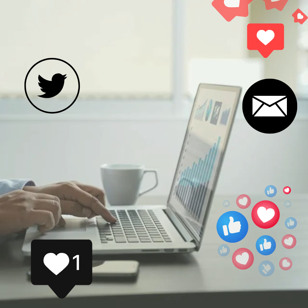 digital marketing tools like social media, email, and analytics on a laptop screen