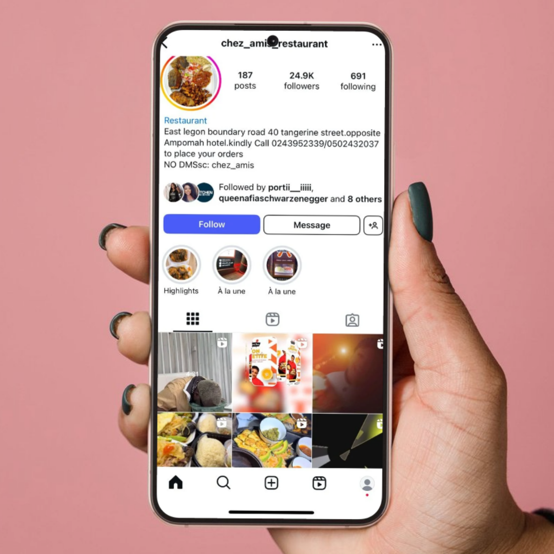Chef Amiz's Ghanaian restaurant Instagram page showing daily special posts for social media marketing