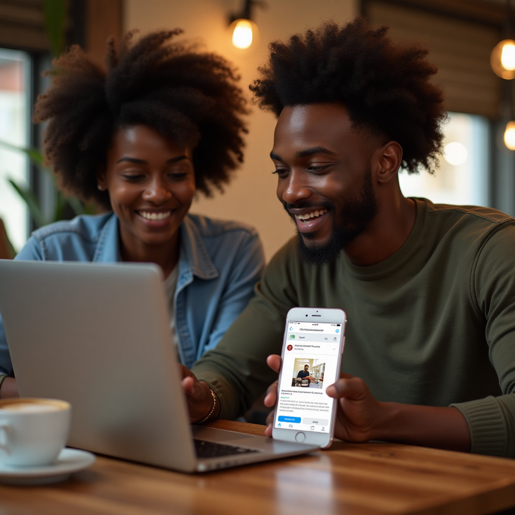 Ghanaian entrepreneurs planning digital marketing strategy over coffee