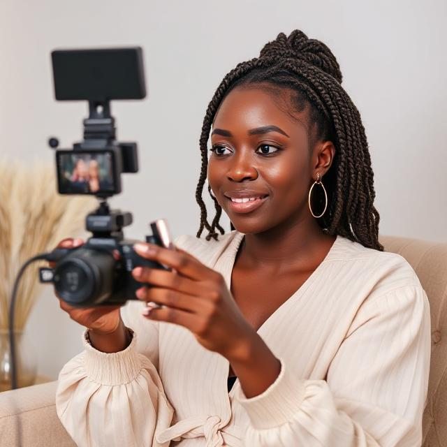 Ghanaian beauty influencer filming makeup tutorial with branded products for social media marketing campaign