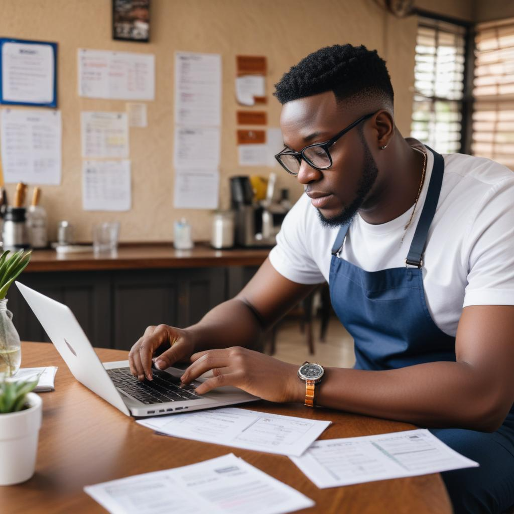 Small business owner in Ghana setting a digital marketing budget for Facebook ads and influencers