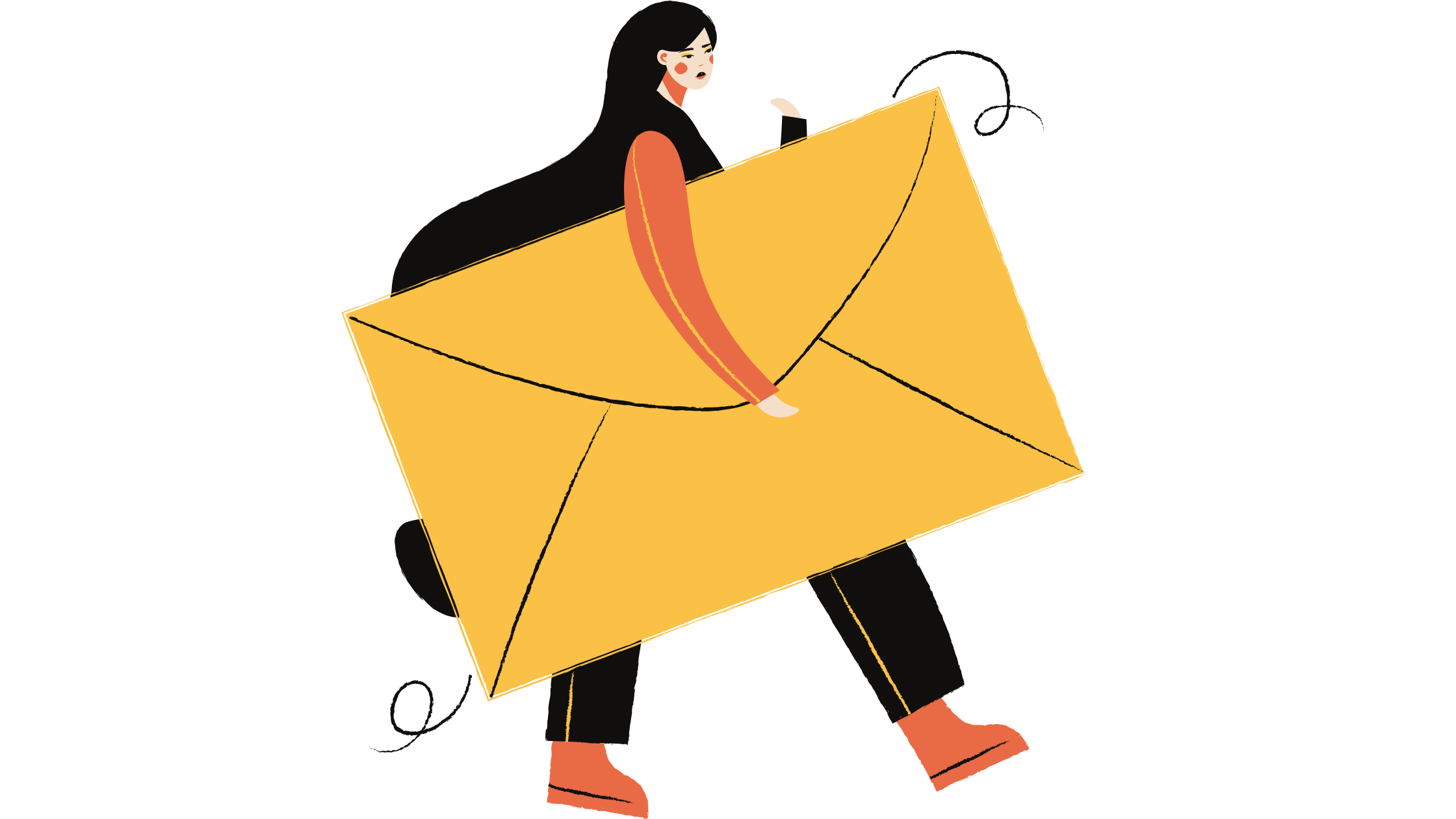 A graphic illustration of a professional woman holding an email icon, representing digital communication and email marketing