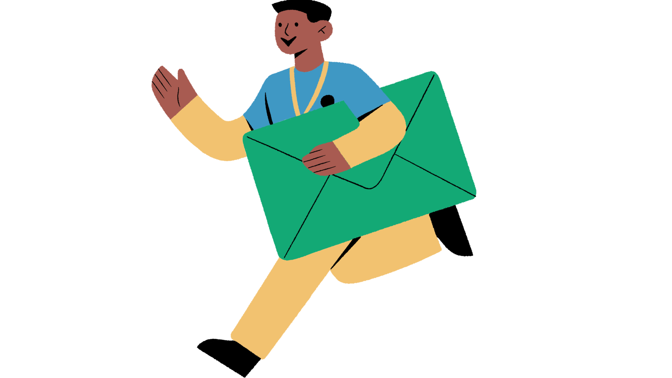 Man running while carrying an email icon, representing urgent email delivery in a marketing campaign