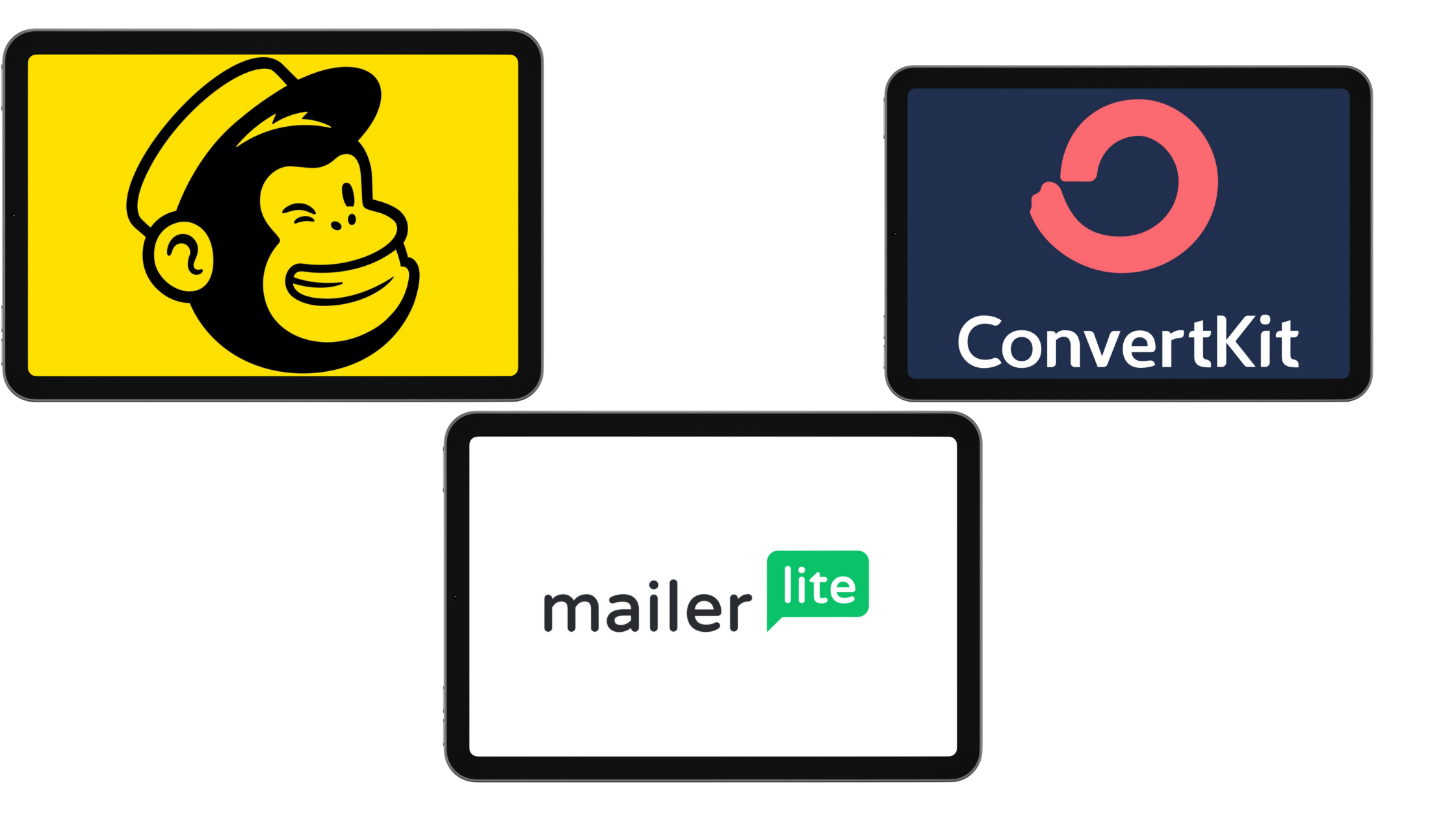 Visual comparison of top email marketing tools including Mailchimp, MailerLite, and ConvertKit