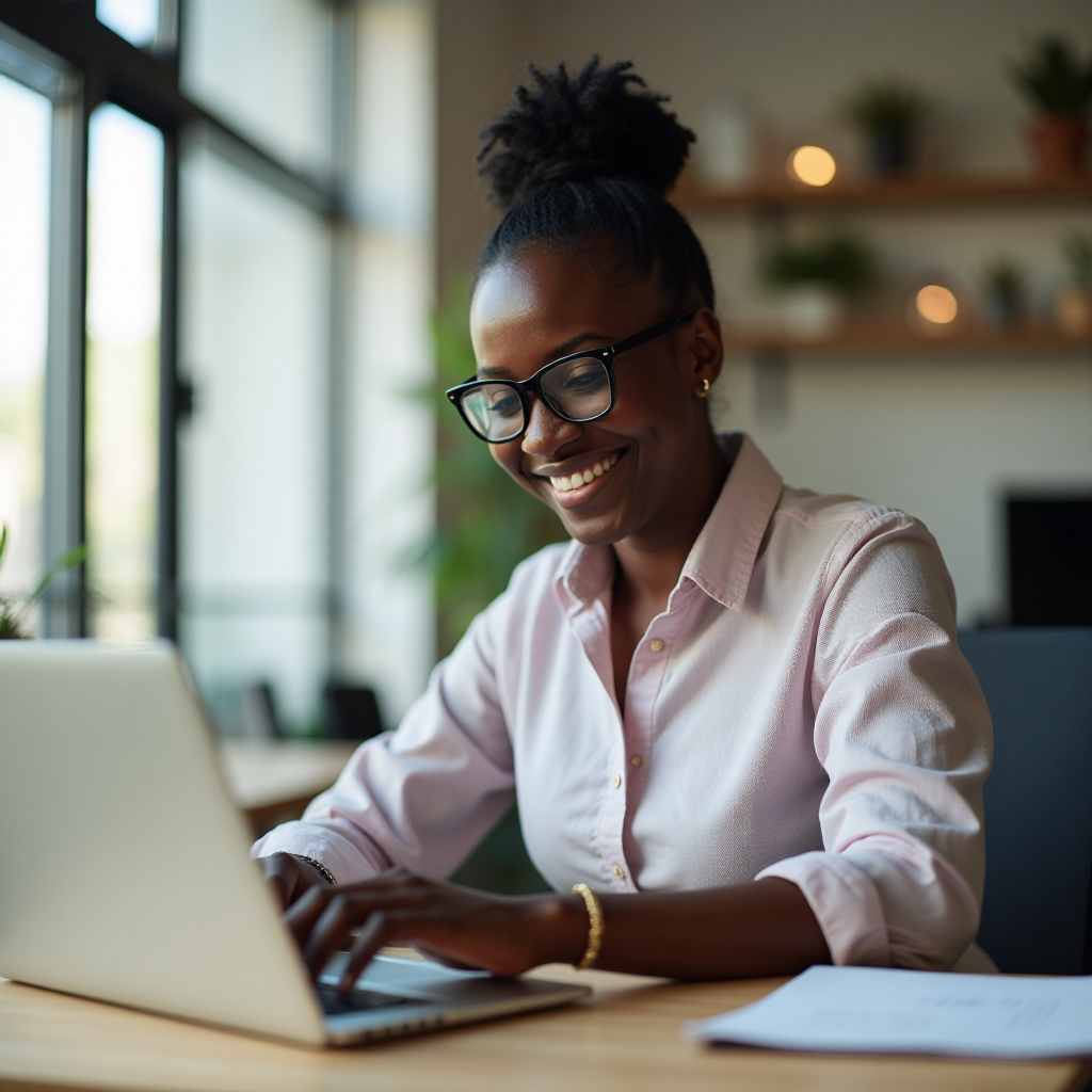 Business owner confidently launching an email marketing campaign, symbolizing growth and success